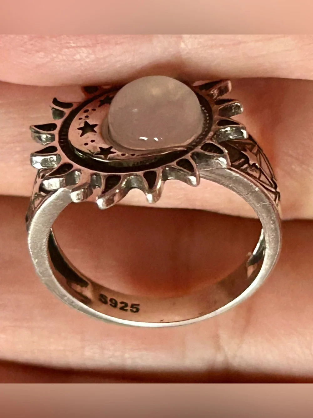 Pink Rose Quartz Crystal S925 Silver Sun Moon Stars Celestial Ring New Jewelry